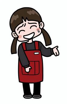 緊張して笑顔がひきつる女の子 女の子,ツインテール,笑顔,ひきつる,緊張,冷や汗,バイト,仕事,エプロン,案内のイラスト素材