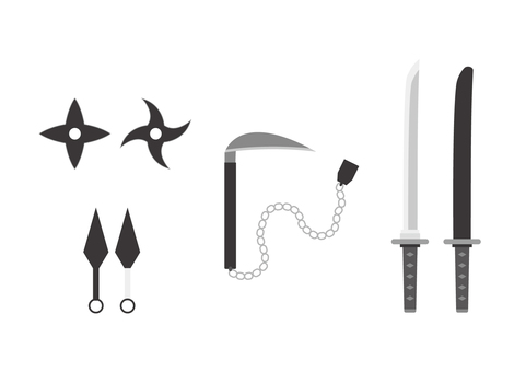 忍者の武器のイラストセット 忍者の武器のイラストセット 武器,手裏剣,くない,鎖鎌,分銅,刀,鞘,イラスト,セットのイラスト素材