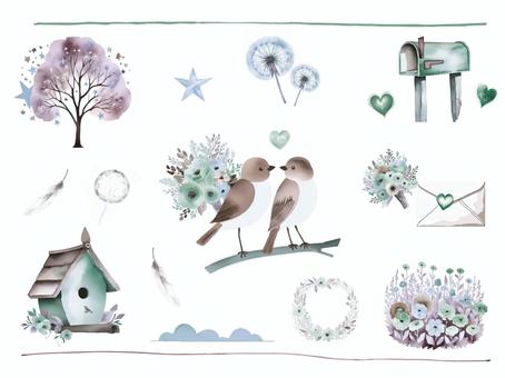 小鳥の可愛い自然素材セット 小鳥,かわいい,可愛い,木,花,自然,水彩,水彩風,たんぽぽ,花冠のイラスト素材