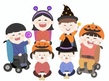 特別支援学校でのハロウィンパーティー ハロウィン,医療的ケア児,鼻カニューレ,経鼻チューブ,女の子,思いやり,経鼻栄養,経鼻経管栄養,支え合い,支援のイラスト素材