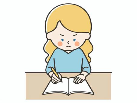 真面目に勉強をする白人女性 女性,外国人,留学生,勉強,宿題,学習,学ぶ,学び,テスト,課題のイラスト素材