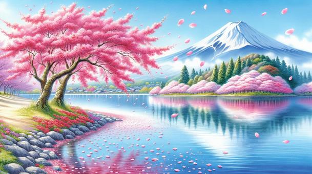 Watercolor illustration of cherry blossoms and Mt. Fuji, cherry blossoms, fuji mountain, spring, JPG