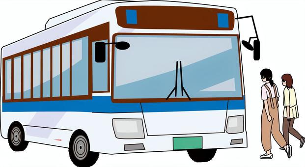路線バス乗客女性2名　 路線バス,乗客,女性,2名,公共交通,車体,停車,斜め,フロントのイラスト素材