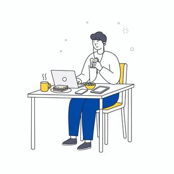 食事をしながらパソコン作業をする男性 人物,男性,ビジネス,デスク,作業,パソコン,食事,コーヒー,サンドイッチ,在宅のイラスト素材