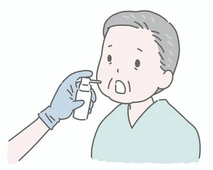 胃カメラ検査で麻酔スプレーをする高齢男性 胃カメラ,内視鏡検査,麻酔,口腔内,医療処置,診察,病院,医療,健康診断,健診のイラスト素材