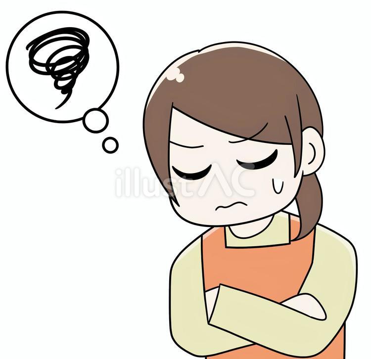 腕を組んで悩むエプロン姿の母_02 悩む,悶々,ストレスのイラスト素材