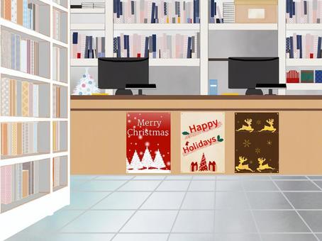 本棚のイラスト書店レジ　クリスマス 本屋,書店,レジ,カウンター,フロア,クリスマス,冬,12月,イベント,行事のイラスト素材