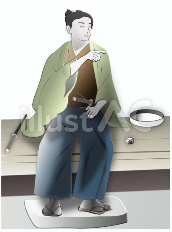 時代劇、知人宅を訪ねる武士 男性,武士,お茶のイラスト素材