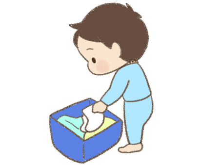 洗濯物を洗濯かごにいれる男の子 洗濯物を洗濯かごにいれる男の子 視覚支援,お支度ボード,絵カード,スケジュール,子ども,男の子,洗濯物,脱衣所,片づけ,洗濯かごのイラスト素材