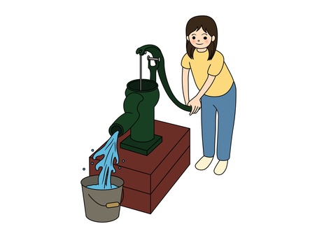 手押し井戸で水を汲む女性（主線あり） 井戸,汲む,水,汲み上げる,設備,ポンプ,手押し井戸,バケツ,シンプル,かわいいのイラスト素材