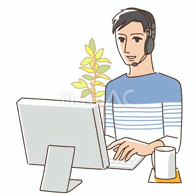 インカムを付けてPC作業をする私服の男性 仕事,ビジネス,会社のイラスト素材
