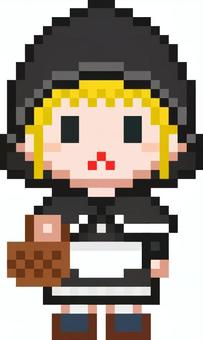 ドット絵の黒ずきんの女の子です。 ドット絵,赤ずきん,シンプル,童話,森,バスケット,花,道,ワンピース,フードのイラスト素材