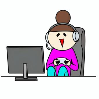 パソコンでゲームをするおだんごの女性 女性,ゲーム,オンライン,ゲーマー,eスポーツ,pc,ヘッドホン,パソコン,コントローラー,ゲーミングチェアのイラスト素材