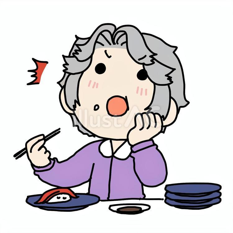 驚いて寿司を味わうおばあさん 女性,おばあさん,皿のイラスト素材