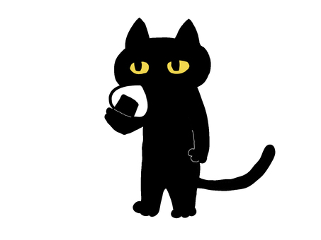 おにぎりを食べる黒猫 黒猫,キャラクター,おにぎり,立ち食い,軽食,ワンポイント,かわいい,ゆるい,挿絵,背景透過のイラスト素材