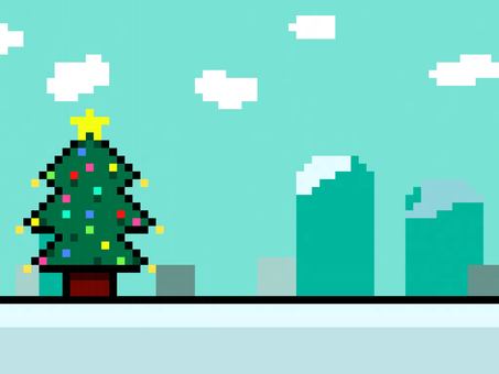 クリスマスツリーと冬の風景のドット絵 クリスマスツリー,クリスマス,モミの木,冬,風景,雪,山,寒い,レトロ,デザインのイラスト素材