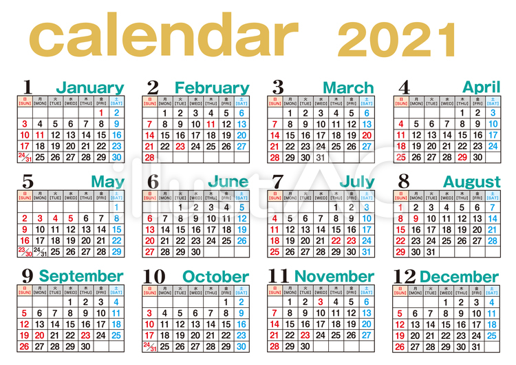 2021年　カレンダー全体横  カレンダー,2021,1月のイラスト素材