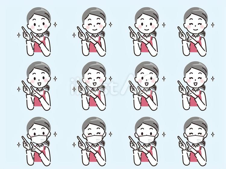 白シャツエプロン姿の女性指差し11 エプロン,白シャツ,指差しのイラスト素材