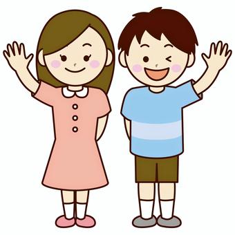 人物　手を振る男の子と女の子 人物,こども,男の子,女の子,学校,幼稚園,かわいい,ほのぼの,プリント,イラストのイラスト素材