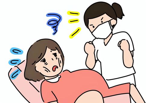 出産を応援する看護師と疲れた妊婦　カラー 出産,疲労,女性,妊婦,看護師,助産師,カラーのイラスト素材
