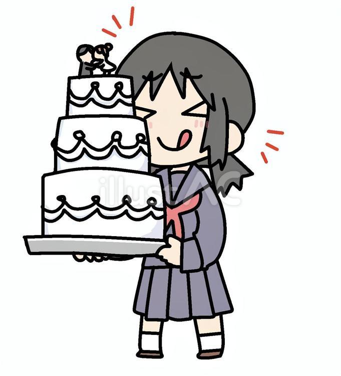ケーキと嬉しい女子学生 少女,ウェディングケーキ,スイーツのイラスト素材