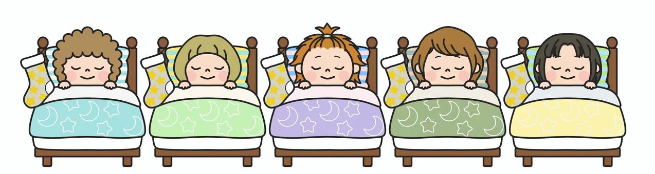 プレゼントが楽しみ！ベッドで寝るこども クリスマス,聖夜,ベッド,くつした,おやすみ,眠る,寝る,枕,布団,星のイラスト素材