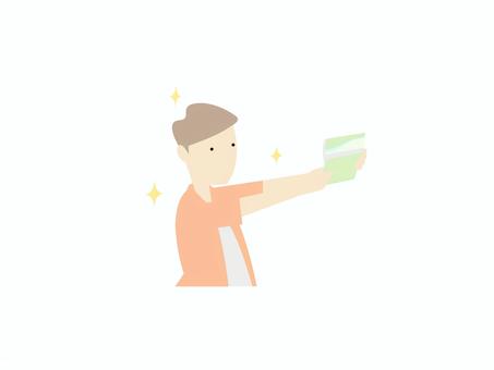 銀行通帳の預金額を見て喜ぶ男性のミニマル 銀行通帳,預金,喜ぶ,嬉しい,男性,カラー,ミニマルのイラスト素材