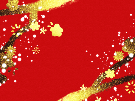 金色の梅と赤い和風背景 金,筆,赤,背景,和柄,梅,キラキラ,光,雪,和風のイラスト素材