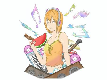 西瓜を食べている音楽好きな女子 西瓜,スイカ,音楽,楽器,音符,ギター,オーディオ,夏,ヘッドホン,女性のイラスト素材