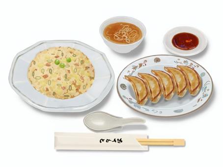チャーハンと餃子（スープ・レンゲ付き）2 チャーハン,炒飯,ギョーザ,餃子,スープ,レンゲ,箸,タレ,中華料理,中華料理店のイラスト素材