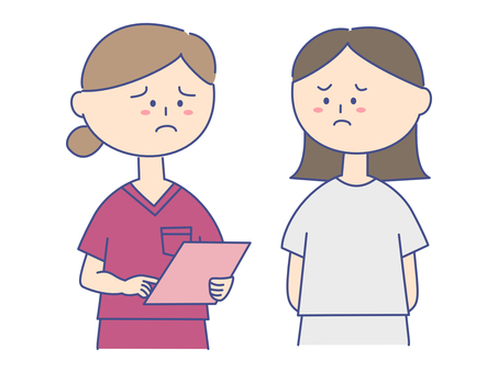 スクラブを着た女性⑧説明する困り顔 患者,検診,問診,バインダー,診断書,カルテ,診療所,困り顔,困る,難しいのイラスト素材