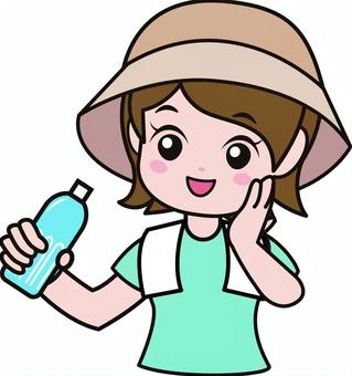 水分補給 人物,女性,女の子,夏,熱中症,水分補給,ペットボトル,水,帽子,デフォルメのイラスト素材