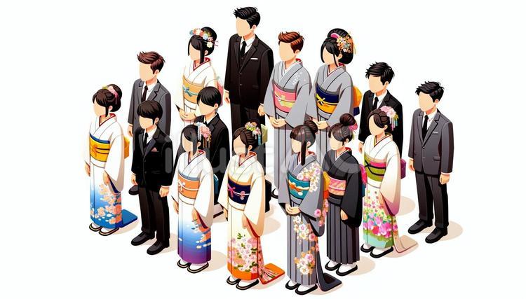成人式晴れ着の男女と着物・振り袖とスーツ 晴れ着,成人式,女性のイラスト素材