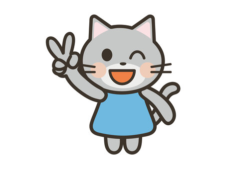 笑顔でピースをする猫のキャラ 猫,ピース,かわいい,笑顔,元気,喜ぶ,嬉しい,笑う,動物,キャラクターのイラスト素材