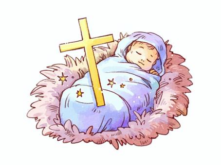 キリストの降誕 十字架,赤ちゃん,赤子,キリスト,キリスト教,クリスマス,眠る,聖夜,夜,星のイラスト素材