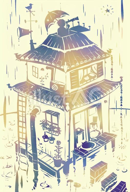 水上の家・宵闇 雨,グラデーション,雨樋のイラスト素材