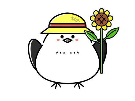ひまわりを持つかわいいシマエナガ ひまわり,向日葵,花,植物,ガーデニング,麦わら帽子,夏,かわいい,ゆるかわ,キャラクターのイラスト素材