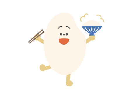 ご飯を持ってポーズする米粒のキャラクター 米粒,キャラクター,白米,ごはん,おかわり,茶碗,箸,ポーズ,日常,ゆるいのイラスト素材