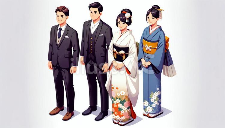 成人式晴れ着の男女と着物・振り袖とスーツ 晴れ着,成人式,女性のイラスト素材