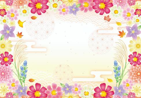 秋の草花の和柄フレーム 秋,花,和,キラキラ,かわいい,敬老の日,フレーム,背景,カード,秋桜のイラスト素材
