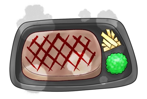 ステーキセット ステーキ,セット,食べ物,肉,ポテト,野菜,洋食,鉄板,ホカホカ,熱いのイラスト素材