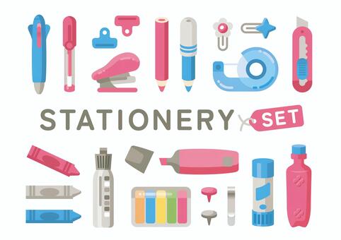 シンプルな文房具セット その2 文房具,文具,筆記用具,集合,セット,シンプル,かわいい,青,ピンク,ステーショナリーのイラスト素材