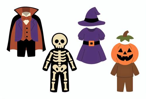 ハロウィンの仮装衣装セットのイラスト ハロウィン,仮装,ドラキュラ,スケルトン,骨,魔女,かぼちゃ,イベント,パーティー,お化けのイラスト素材