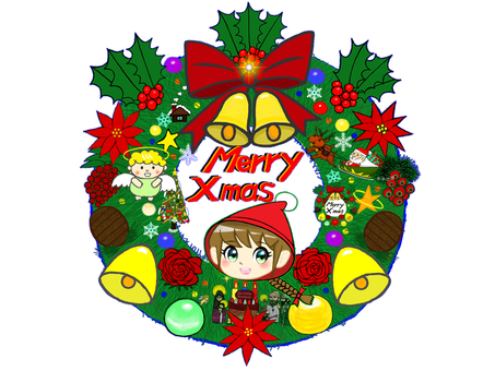 赤ずきんちゃんの豪華なクリスマスリース クリスマス,リース,花飾り,装飾品,赤ずきん,女子,可愛い,子供,キリスト教,イエスのイラスト素材