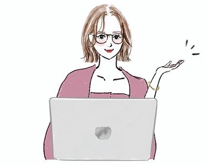 手で示すボブの眼鏡のおしゃれ女性　PC 女性,pc,仕事,めがね,ボブ,大人女子,手,上半身,かわいい,きれいのイラスト素材