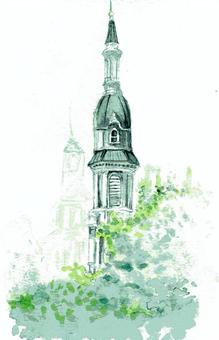 サクラメント(米国加州)にて サクラメント(米国加州)にて サクラメント,アメリカ,米国,カリフォルニア州,加州,建物,空,木々,樹木,風景画のイラスト素材