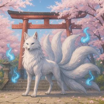 桜舞う春の神社に佇む九尾の狐