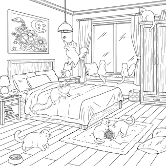 寝室で遊ぶ猫たち ぬり絵,手書き,線画,白黒,塗り絵,ぬりえ,寝室,猫,複数,ベッドのイラスト素材