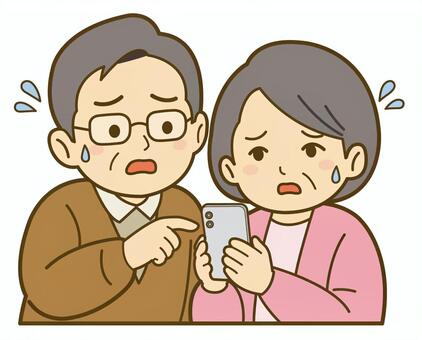 不安げにスマホを見るシニア夫婦_線_26 シニア,スマホ,スマートフォン,敬老の日,シニア夫婦,夫婦,家族,シニア男性,シニア女性,女性のイラスト素材