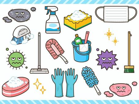 掃除_セット01 ブラシ,マスク,ウイルス,カビ,赤カビ,スポンジ,スプレー,手袋,ゴム手袋,モップのイラスト素材